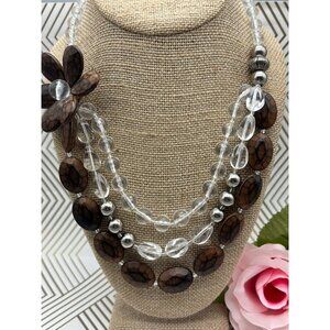 Silver Tone & Brown Bead Collar Statement Necklace Multi Strand Flower Boho